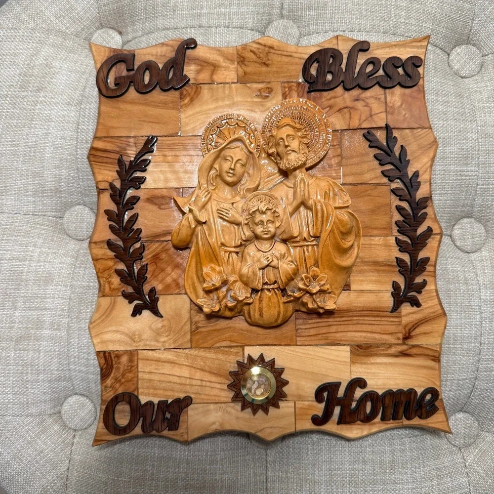 Olive Wood‎ Holy Family Wall Plaque God Bless Our Home Holy Land Stones